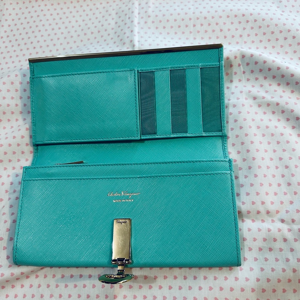 Salvatore Ferragamo Turquoise Wallet with Gold Detail - Picture 14 of 14